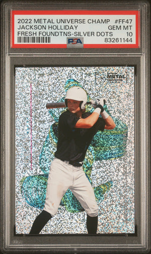 Graded 2022 Skybox Metal Universe Champ Jackson Holliday #FF47 Fresh Foundations Silver Dots Rookie RC Baseball Card PSA 10 Gem Mint