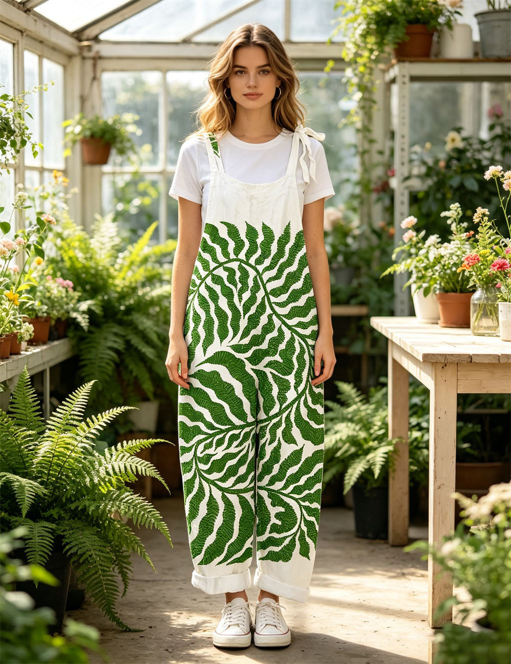 Vintage Large Flower Pattern Tie Shoulder Strap Women Overalls Loose Jumpsuit