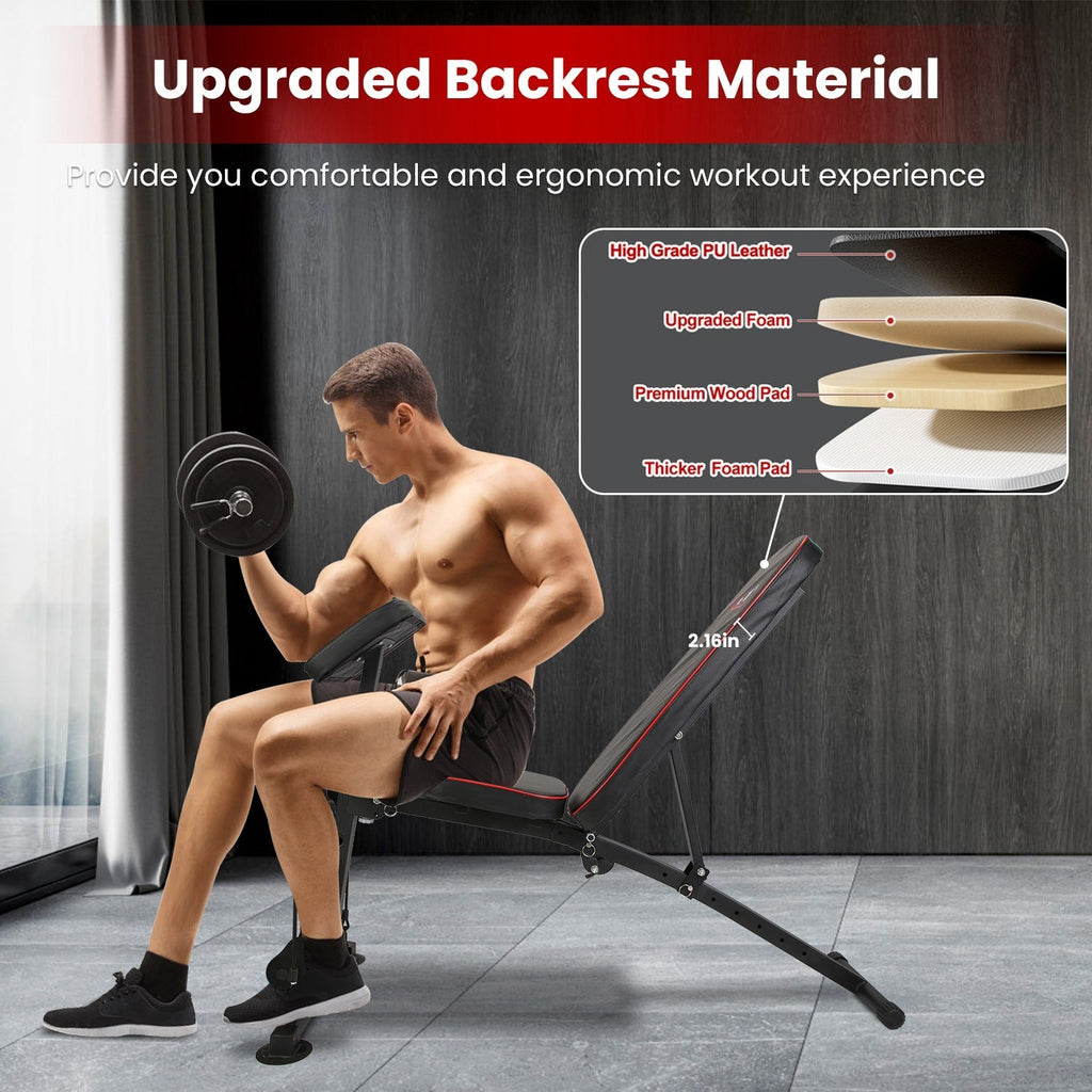 Adjustable Weight Bench with Preacher Curl Pad & Resistance Bands