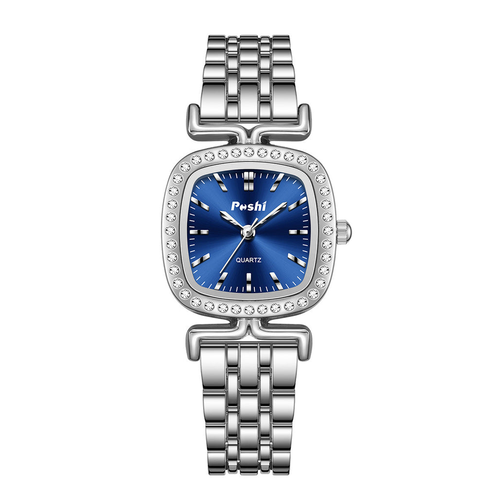 Diamond-encrusted Dial Oval-shaped Steel Bracelet Quartz Womens Watch