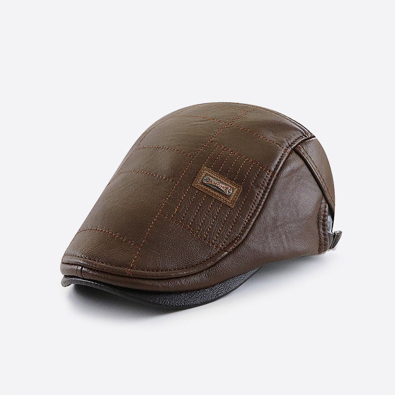 Fashionable All-match PU Leather Peaked Cap Fleece-lined Warm