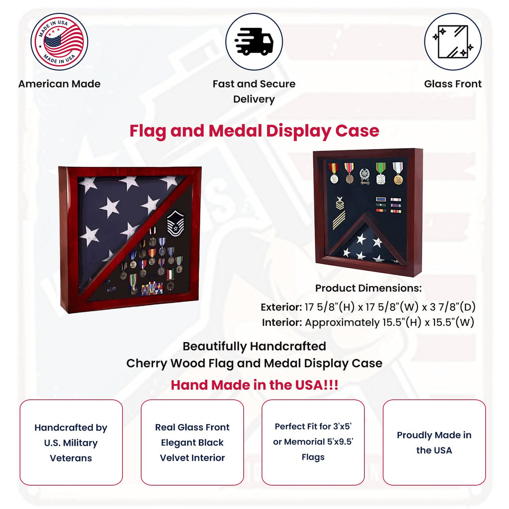 Cherry Flag and Medal Display Case Premium Wood - 5'x9.5' flag