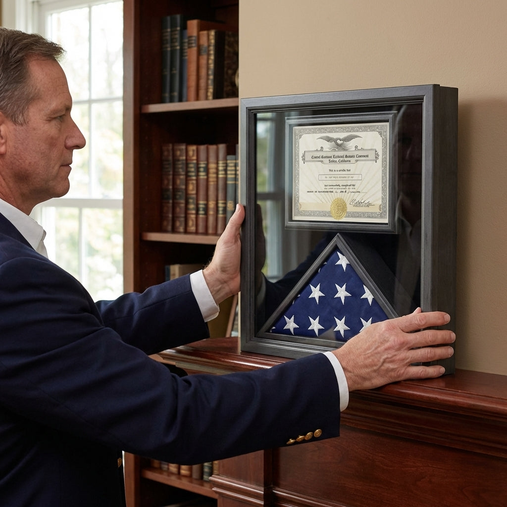 Flag and Certificate Case Black Frame, with certificate holder American Made