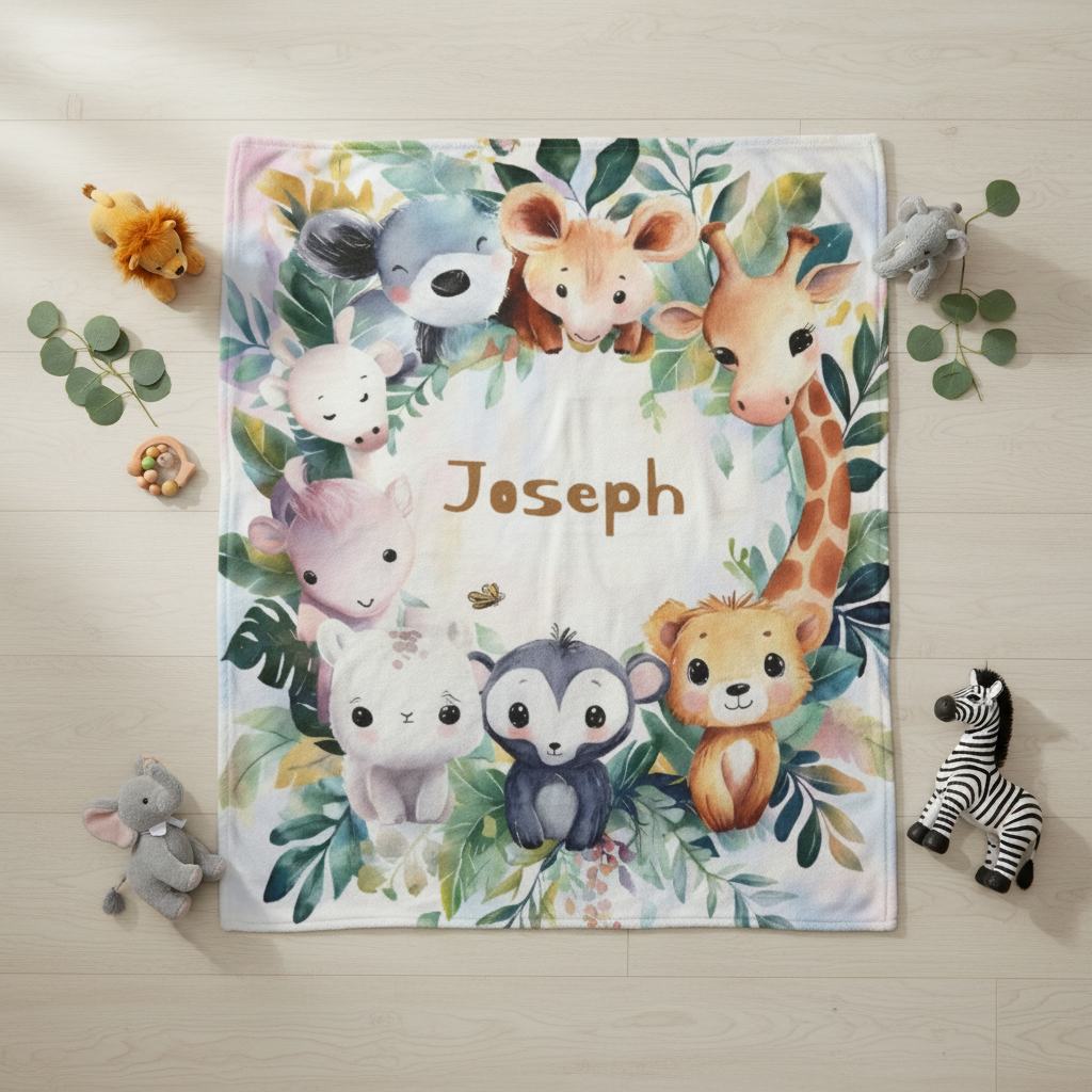 Personalized Safari Animals Blanket with Name | Custom Baby & Kids Gift