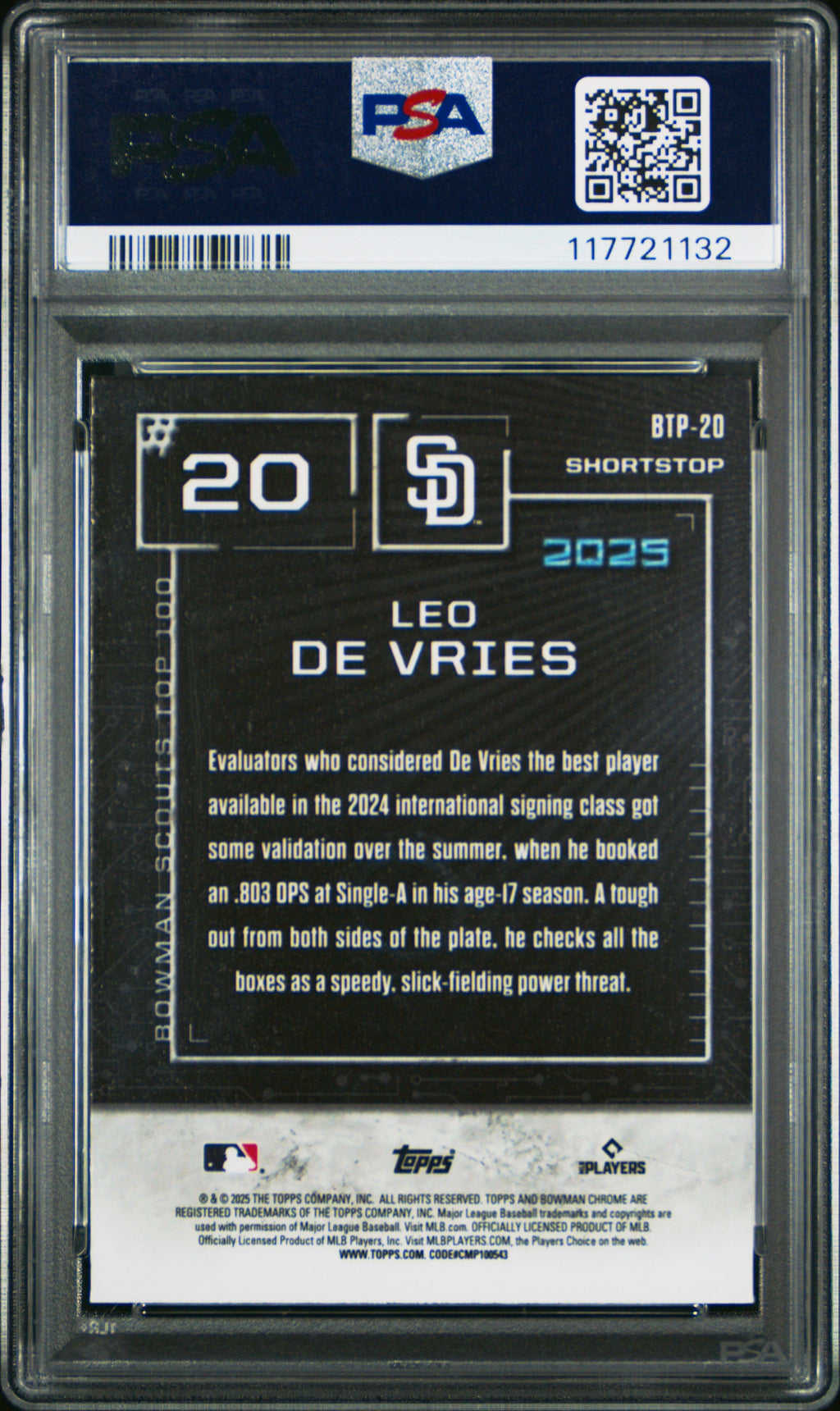 Graded 2025 Topps Bowman Leo De Vries #BTP20 Scouts Top 100 Rookie RC Baseball Card PSA 10 Gem Mint