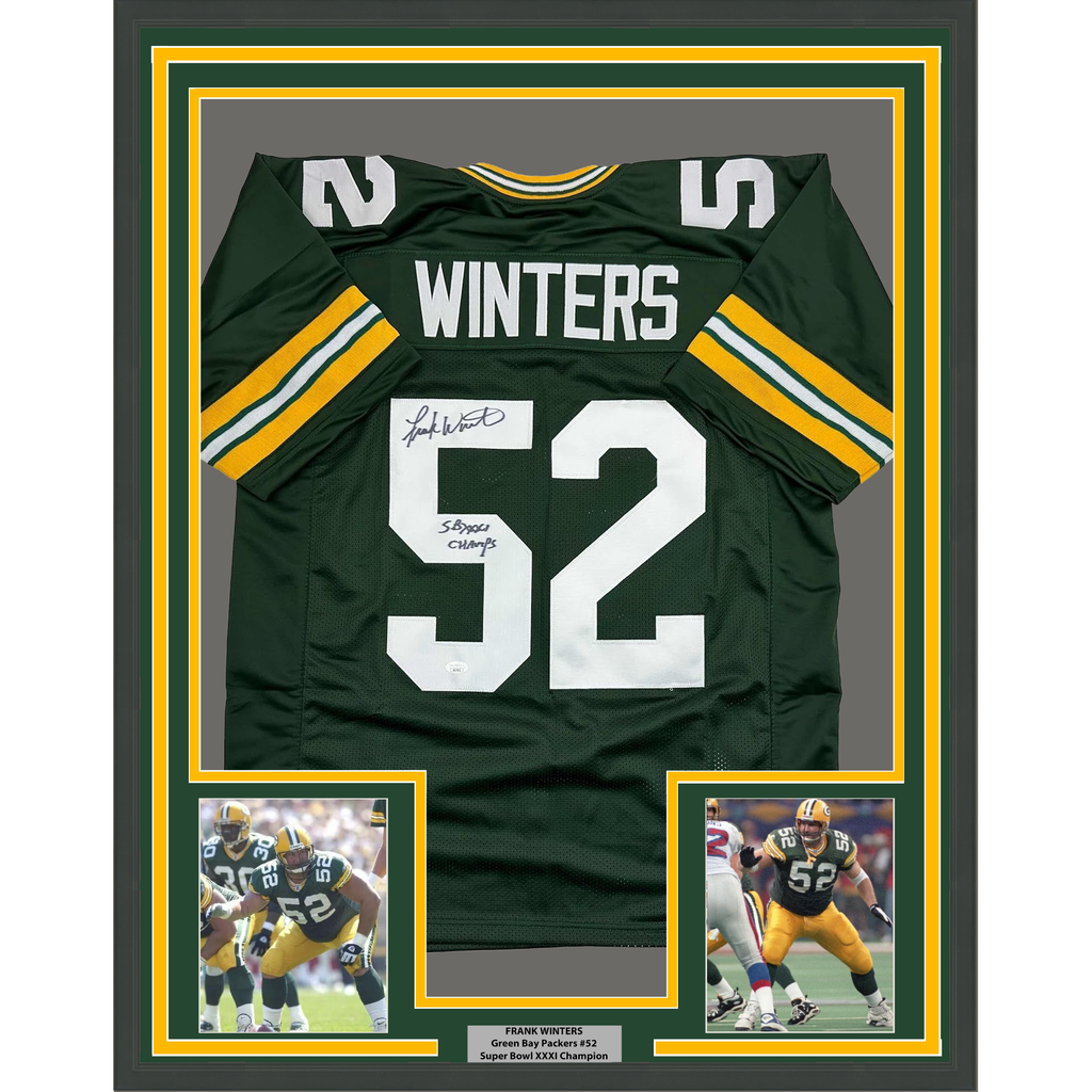 Framed Autographed/Signed Frank Winters 35x39 SB XXXI Champs Green Bay Green Football Jersey JSA COA