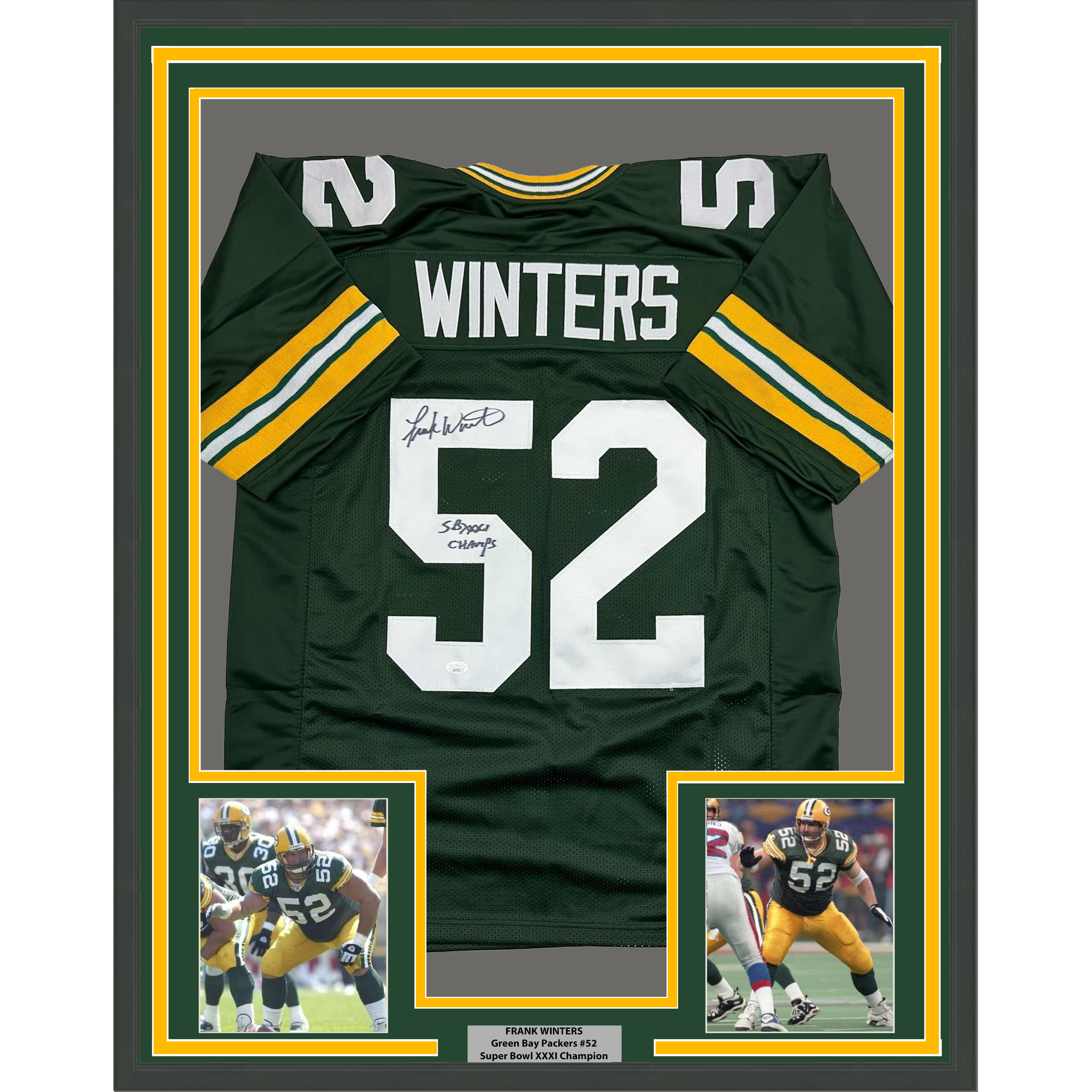 Framed Autographed/Signed Frank Winters 35x39 SB XXXI Champs Green Bay Green Football Jersey JSA COA