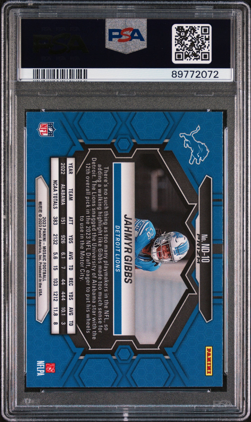 Graded 2023 Mosaic Jahmyr Gibbs #ND10 NFL Debut Camo Pink Rookie RC Football Card PSA 10 Gem Mint