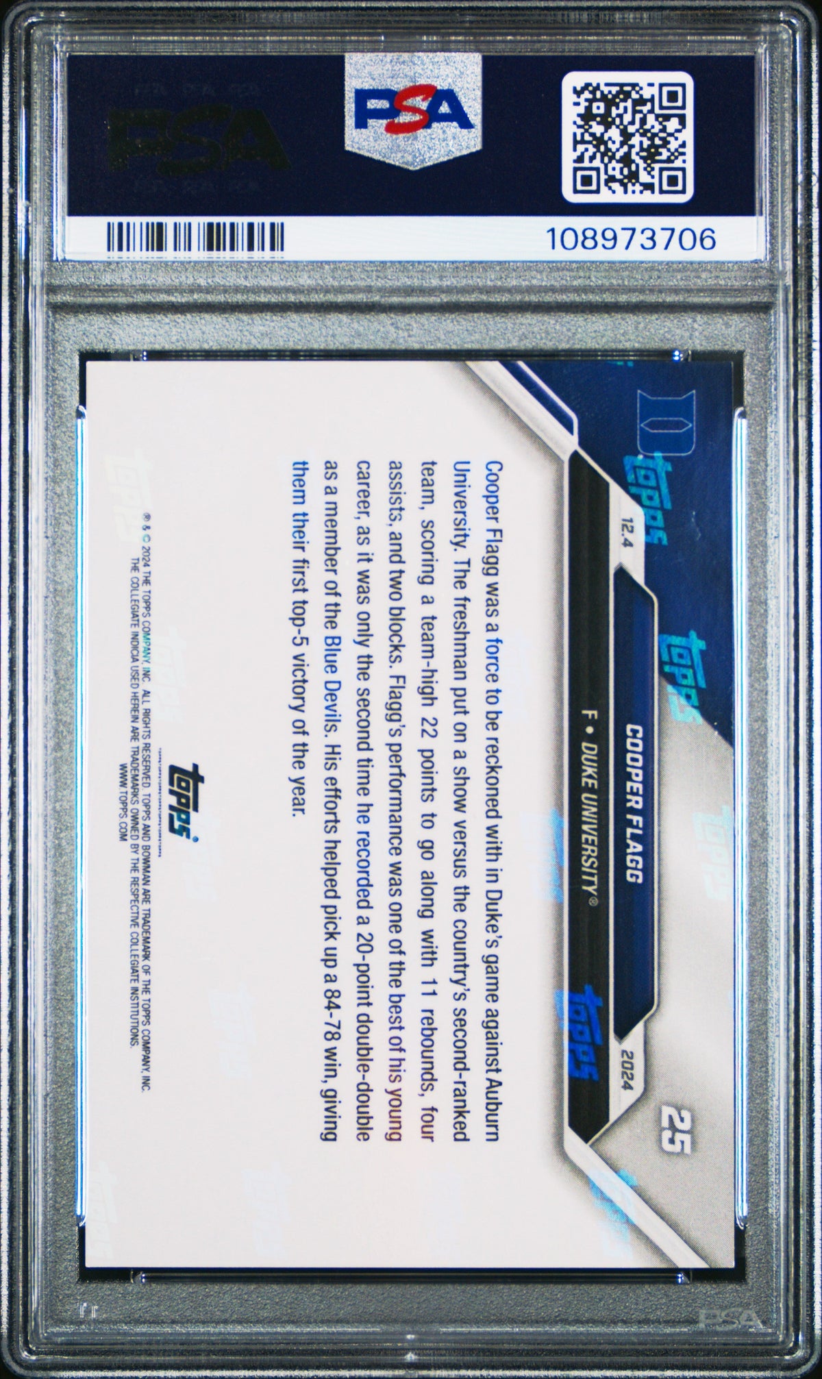 Graded 2024 Topps Bowman U Now Cooper Flagg #25 Rookie RC Basketball Card PSA 9 Mint