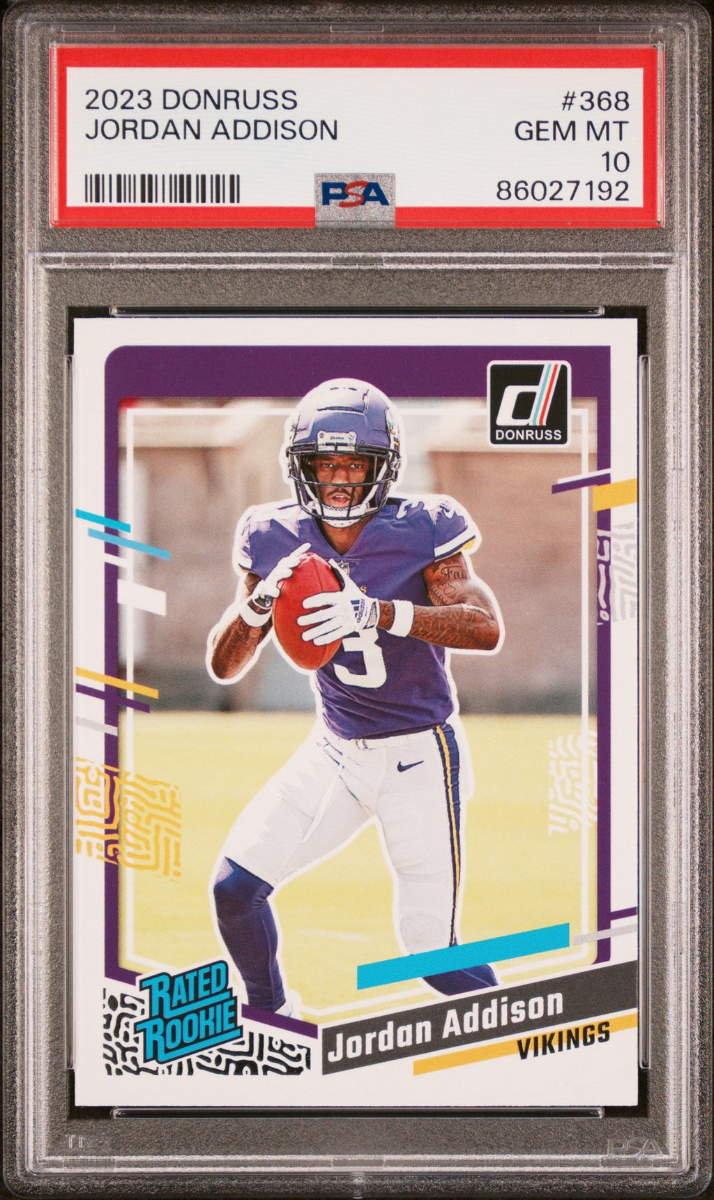 Graded 2023 Panini Donruss Jordan Addison #368 Rookie RC Football Card PSA 10 Gem Mint