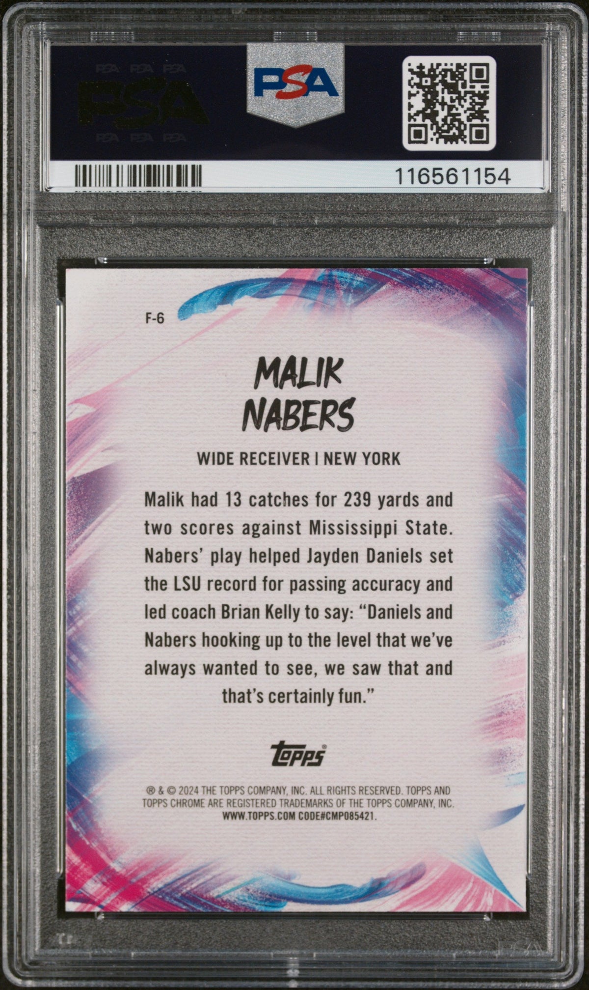 Graded 2024 Topps Chrome Malik Nabers #F6 Finesse Pink Refractor Rookie RC Football Card PSA 10 Gem Mint