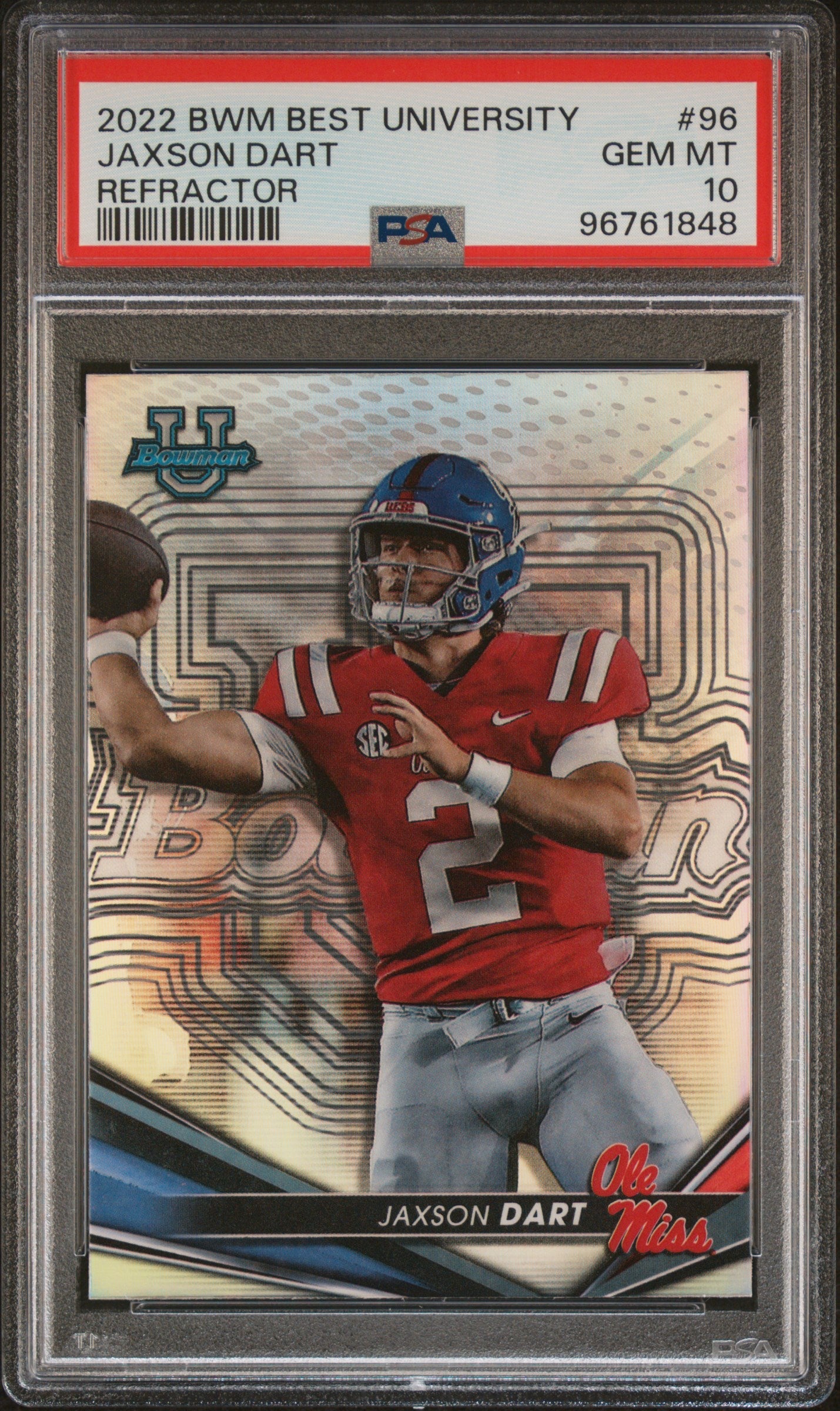 Graded 2022 Topps Bowman Best University Jaxson Dart #96 Refractor Rookie RC Football Card PSA 10 Gem Mint