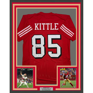 Framed Autographed/Signed George Kittle 35x39 San Francisco Red Alternate Football Jersey Beckett BAS COA