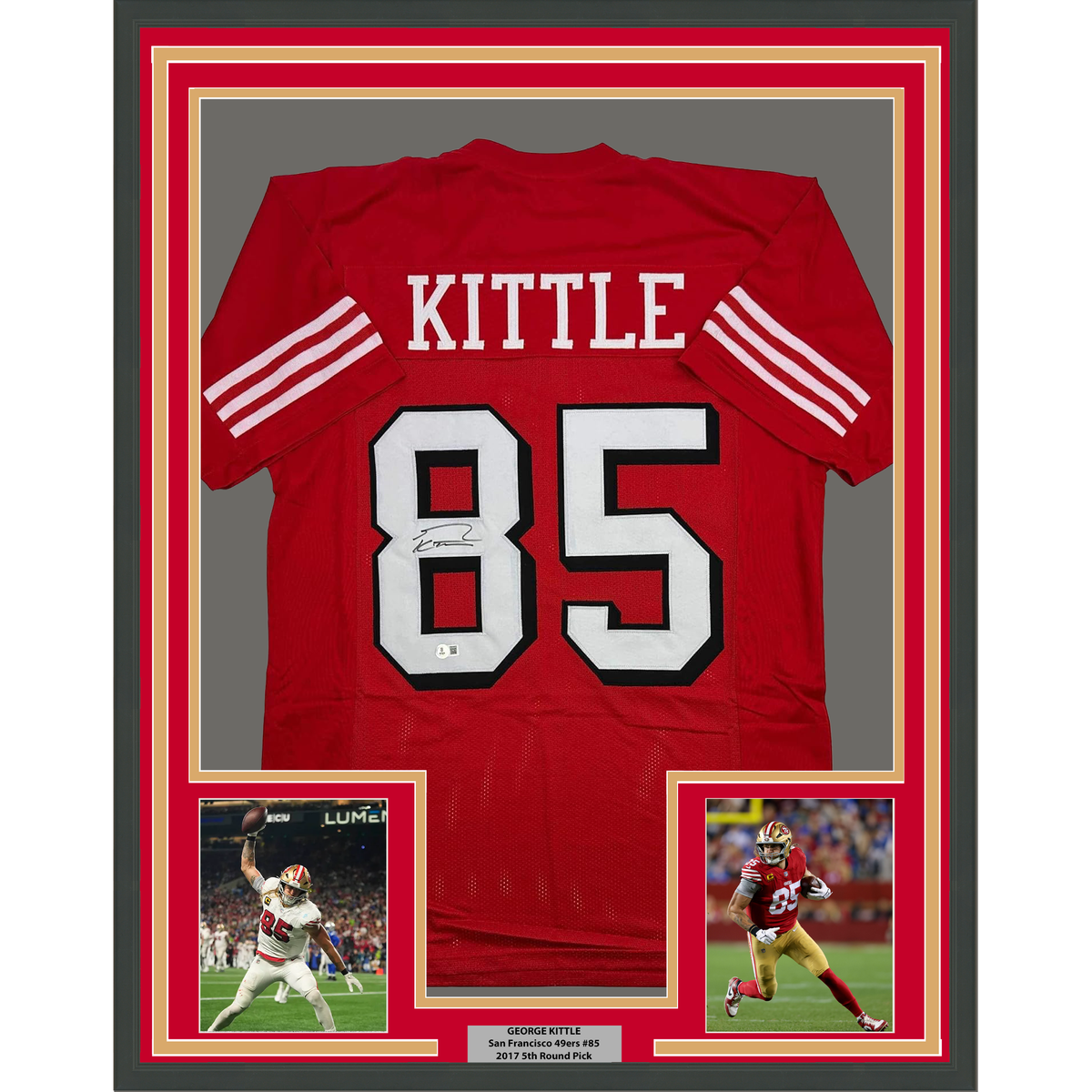 Framed Autographed/Signed George Kittle 35x39 San Francisco Red Alternate Football Jersey Beckett BAS COA