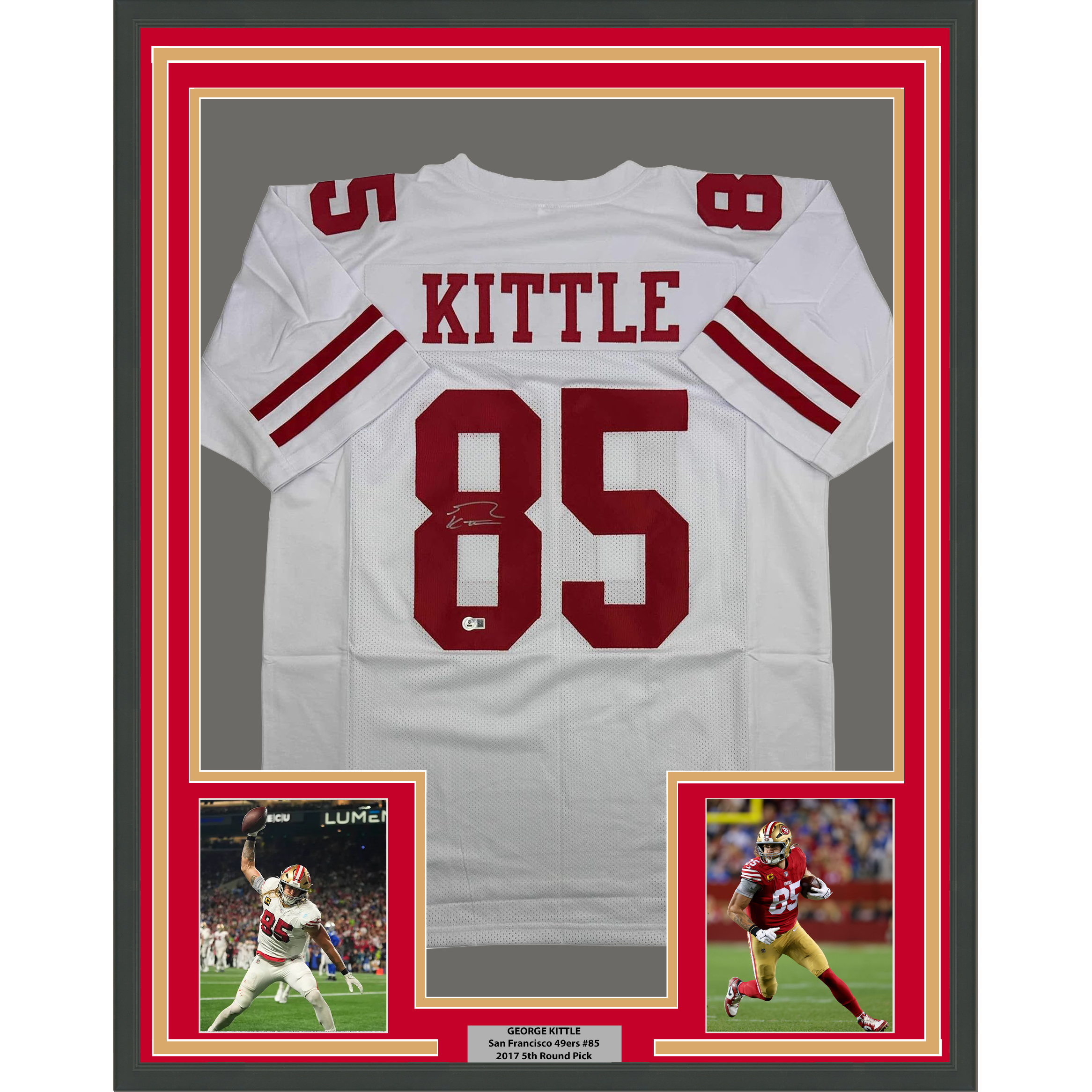 Framed Autographed/Signed George Kittle 35x39 San Francisco White Football Jersey Beckett BAS COA