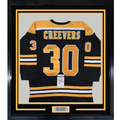 Framed Autographed/Signed Gerry Cheevers 35x39 Boston Black Hockey Jersey JSA COA