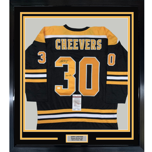 Framed Autographed/Signed Gerry Cheevers 35x39 Boston Black Hockey Jersey JSA COA