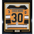Framed Autographed/Signed Gerry Cheevers HOF 85 35x39 Boston Yellow Hockey Jersey JSA COA