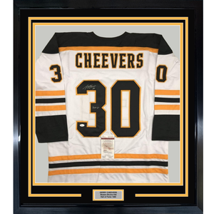 Framed Autographed/Signed Gerry Cheevers HOF 85 35x39 Boston White Hockey Jersey JSA COA