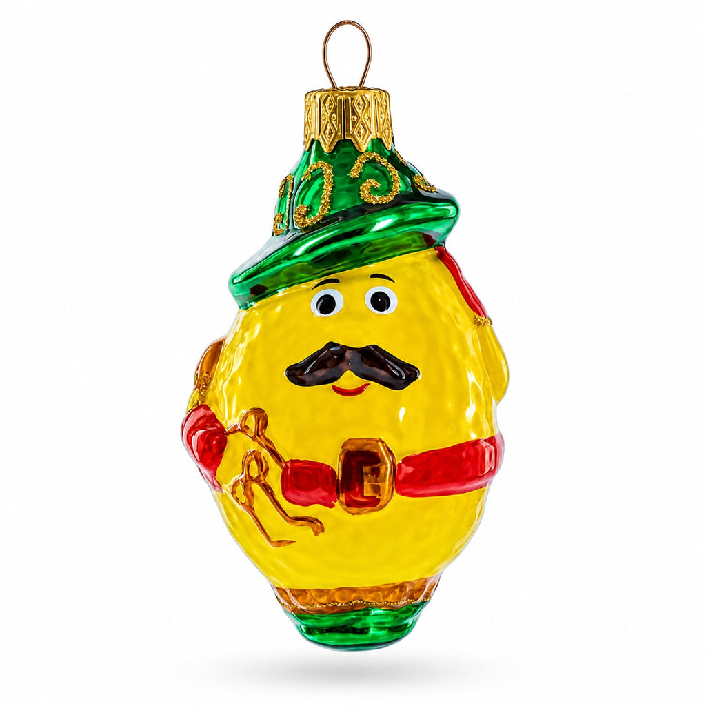 Mustached Lemon in Alpine Outfit Glass Christmas Ornament