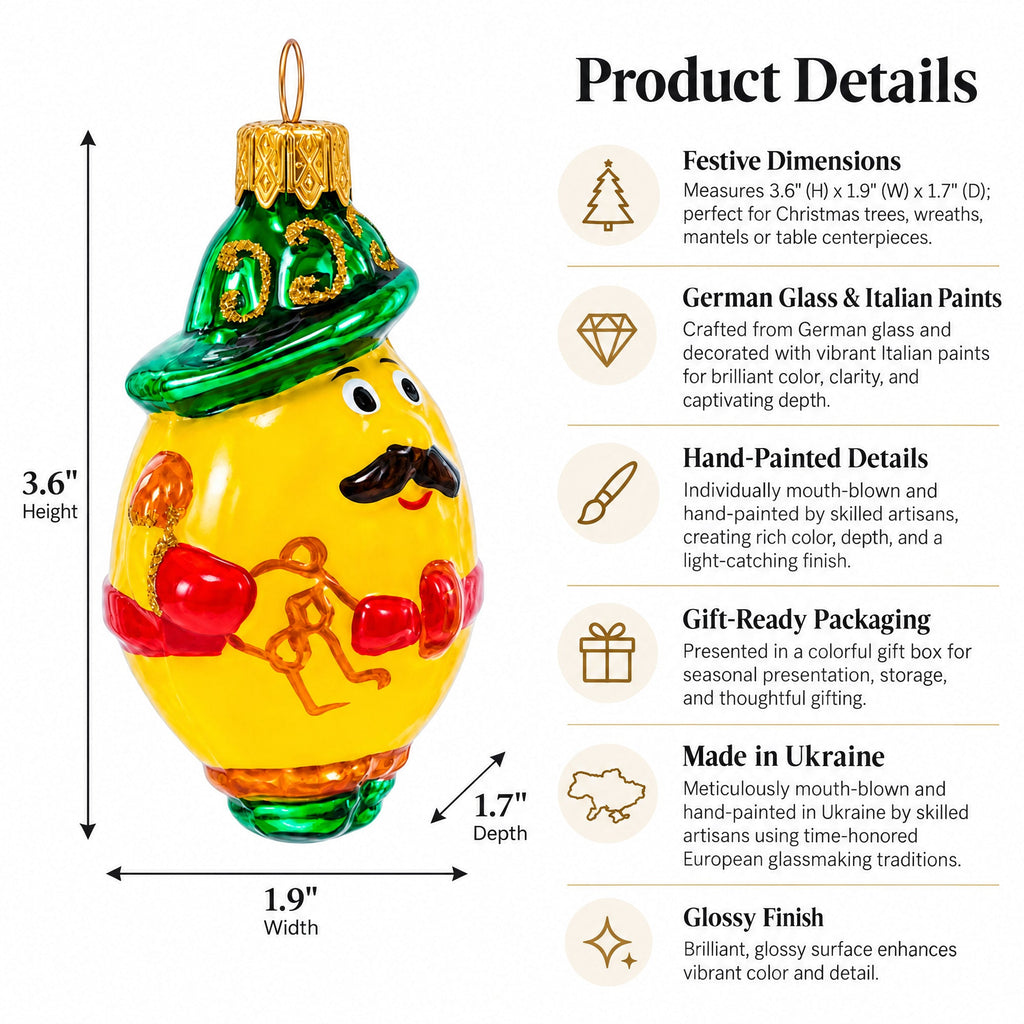 Mustached Lemon in Alpine Outfit Glass Christmas Ornament