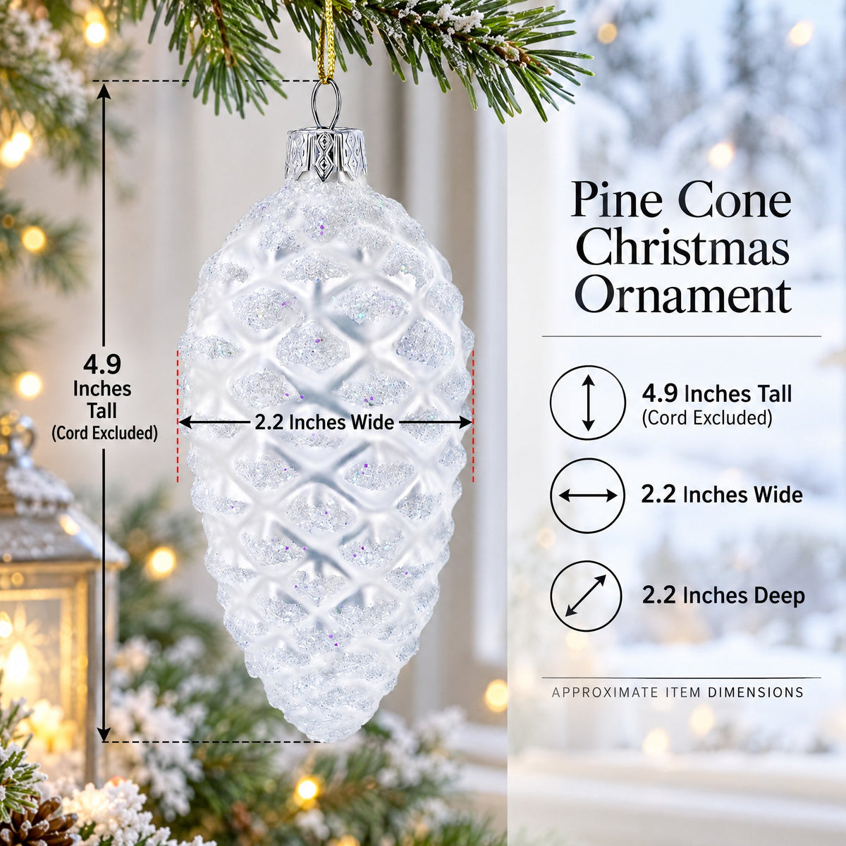 Woodland Retro Style White Pinecone Glass Christmas Ornament