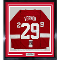 Framed Autographed/Signed Mike Vernon 35x39 Detroit Red Hockey Jersey JSA COA