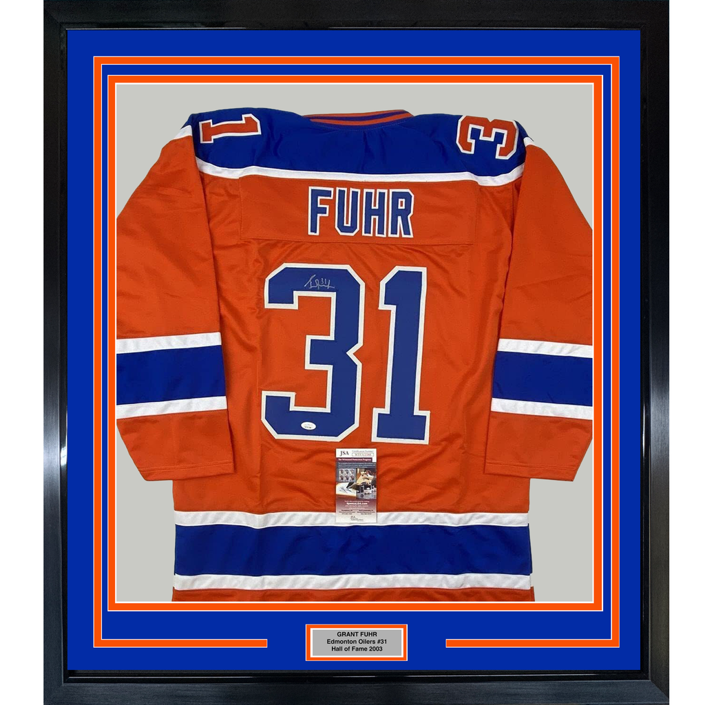 Framed Autographed/Signed Grant Fuhr 35x39 Edmonton Orange Hockey Jersey JSA COA