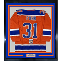Framed Autographed/Signed Grant Fuhr 35x39 Edmonton Orange Hockey Jersey JSA COA