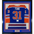 Framed Autographed/Signed Grant Fuhr 35x39 Edmonton Blue Hockey Jersey Beckett BAS COA
