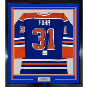 Framed Autographed/Signed Grant Fuhr 35x39 Edmonton Blue Hockey Jersey Beckett BAS COA
