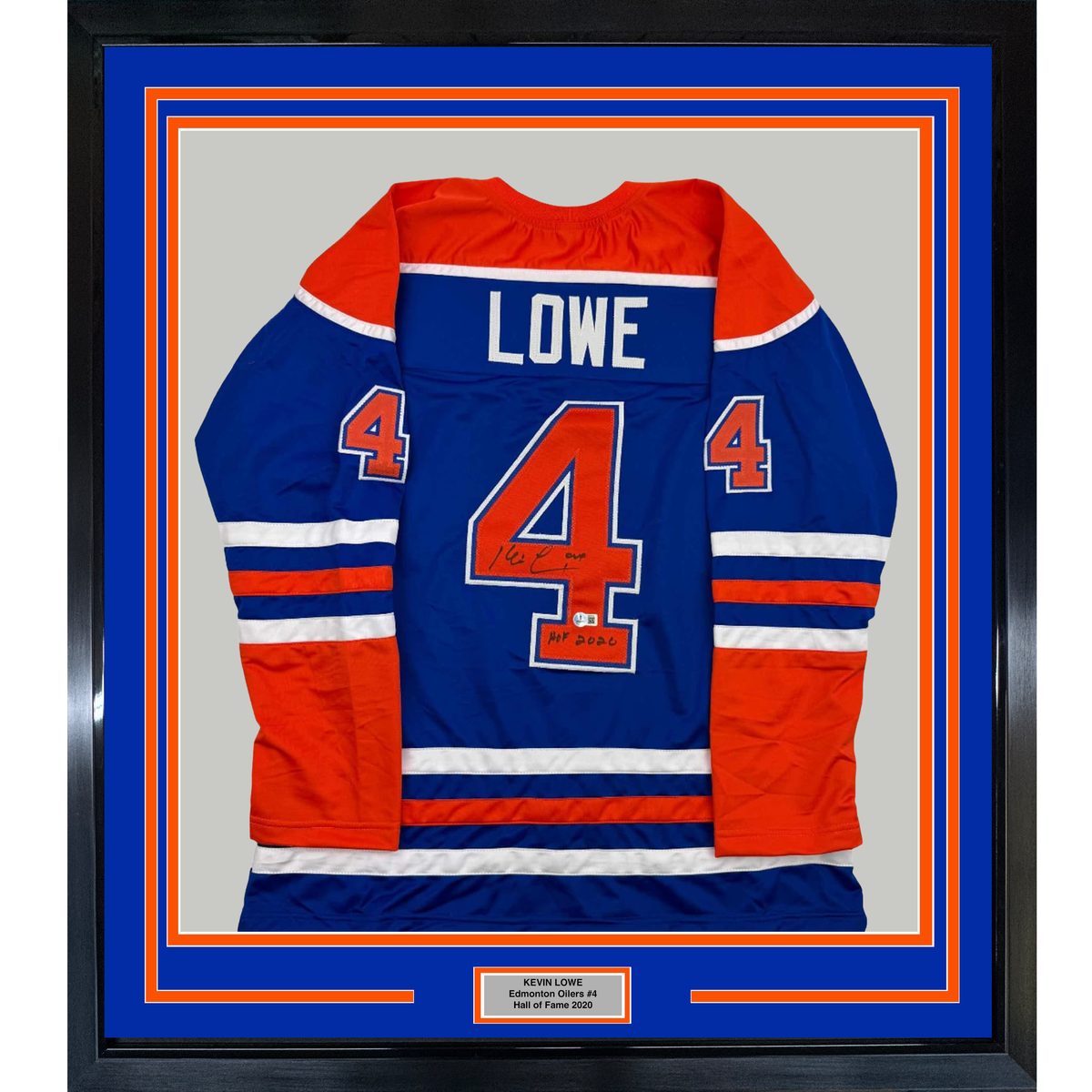 Framed Autographed/Signed Kevin Lowe 35x39 "HOF 2020" Edmonton Blue Hockey Jersey Beckett BAS COA