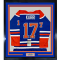 Framed Autographed/Signed Jari Kurri 35x39 Edmonton Blue Hockey Jersey JSA COA