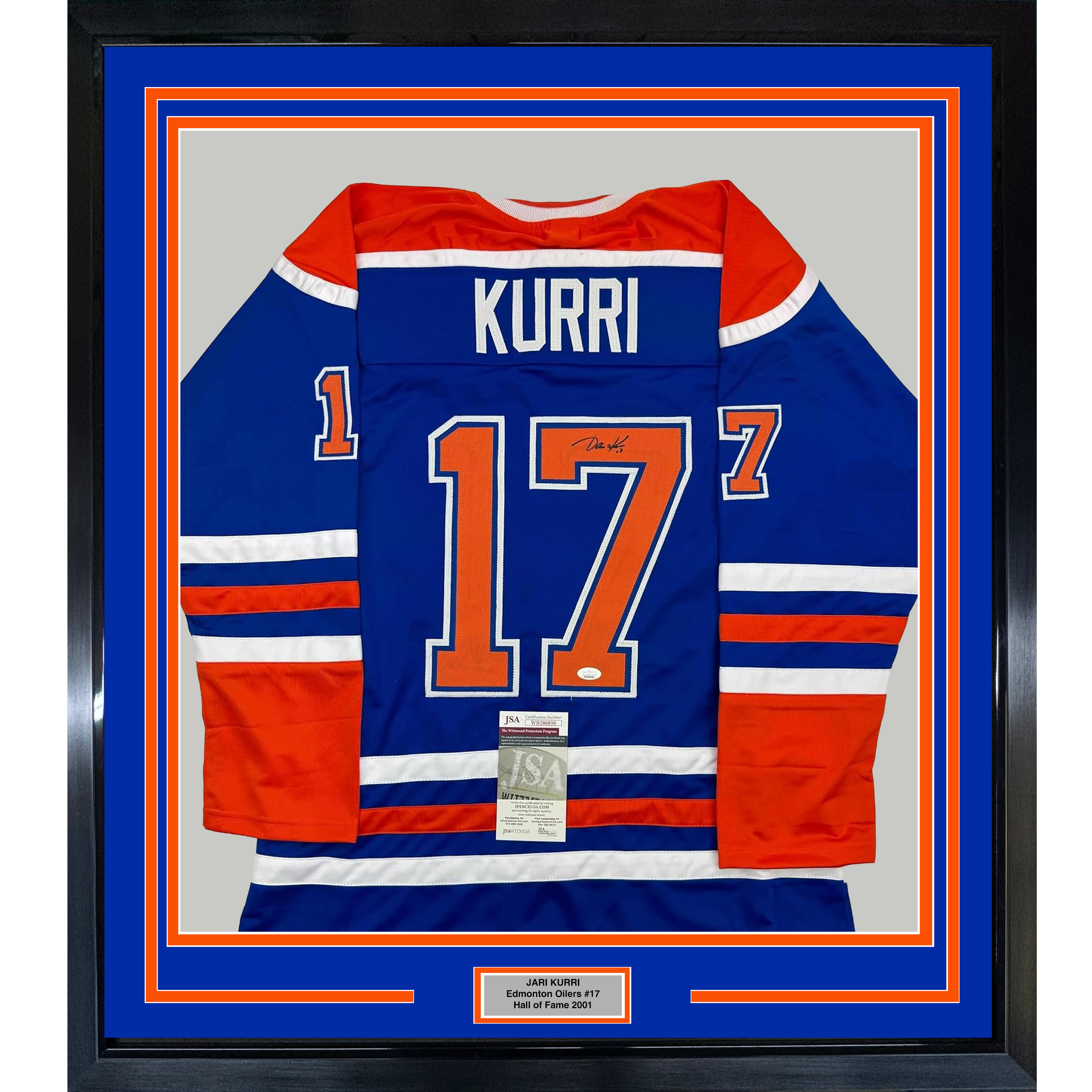 Framed Autographed/Signed Jari Kurri 35x39 Edmonton Blue Hockey Jersey JSA COA