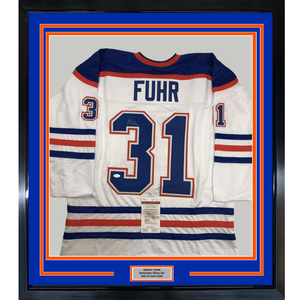 Framed Autographed/Signed Grant Fuhr 35x39 Edmonton White Hockey Jersey JSA COA