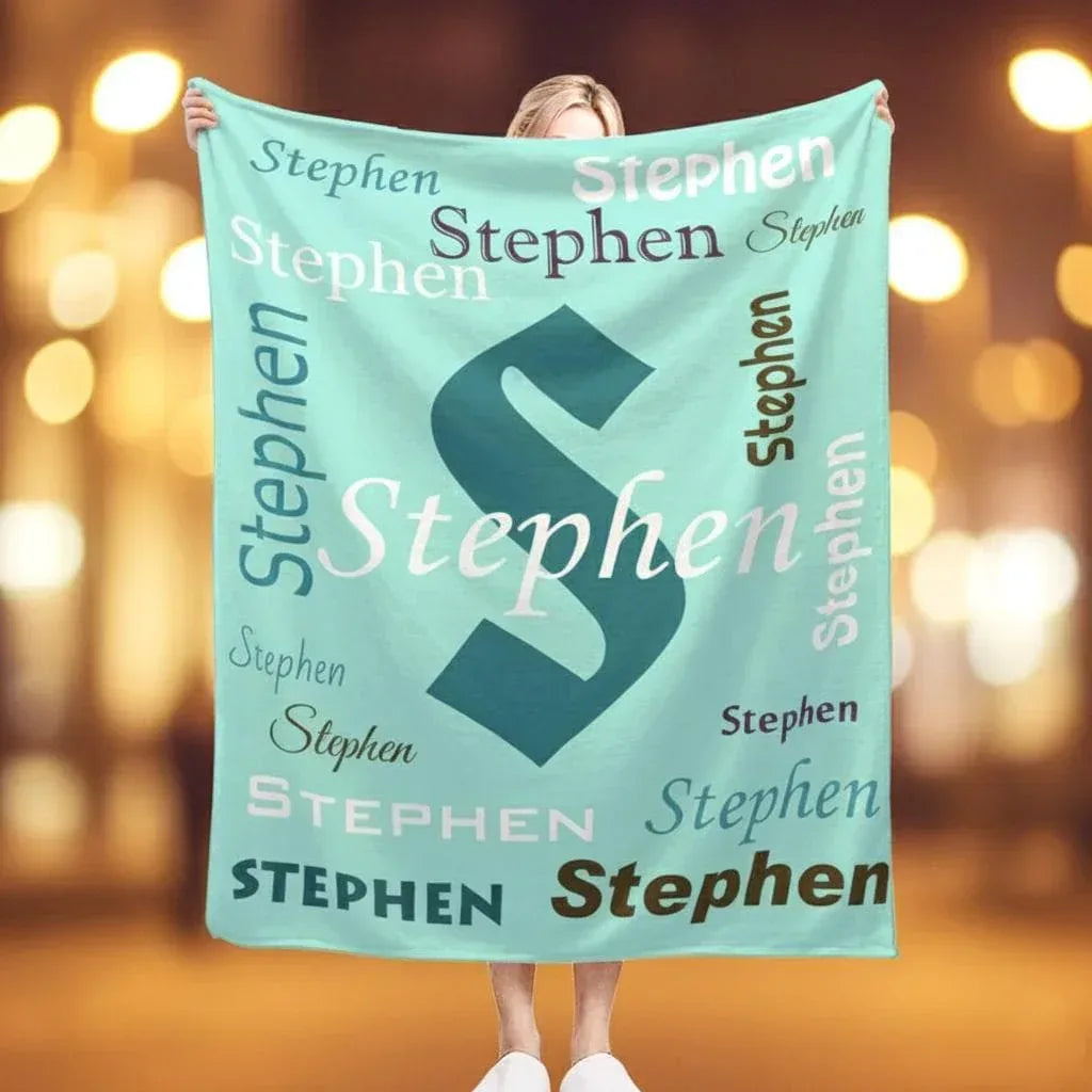 Your Letter & Name, Personalized Name Blanket, Soft Flannel Fleece Throw, Mint Green Navy