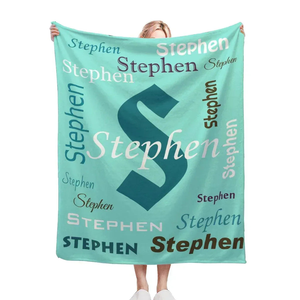 Your Letter & Name, Personalized Name Blanket, Soft Flannel Fleece Throw, Mint Green Navy