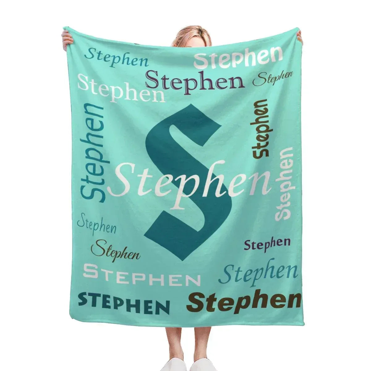Your Letter & Name, Personalized Name Blanket, Soft Flannel Fleece Throw, Mint Green Navy