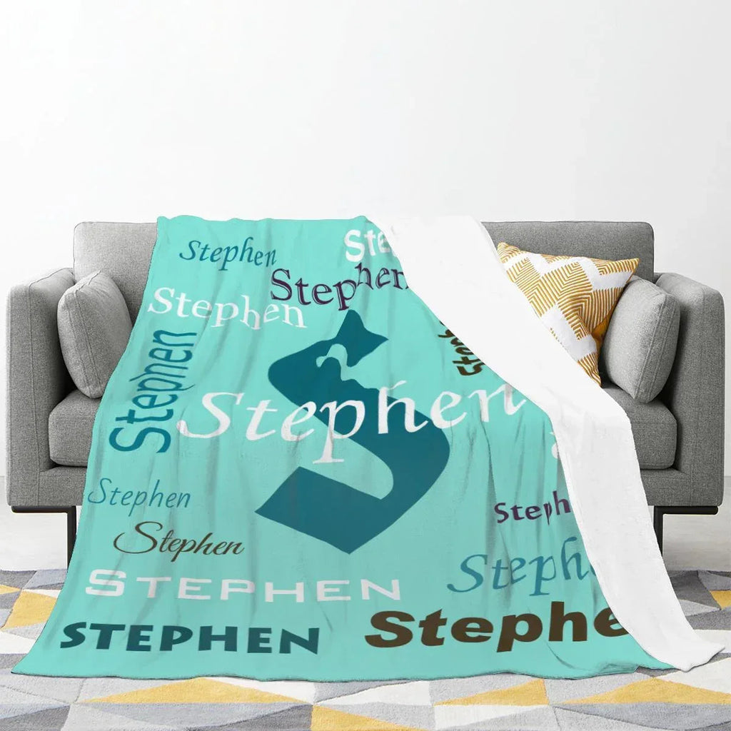 Your Letter & Name, Personalized Name Blanket, Soft Flannel Fleece Throw, Mint Green Navy