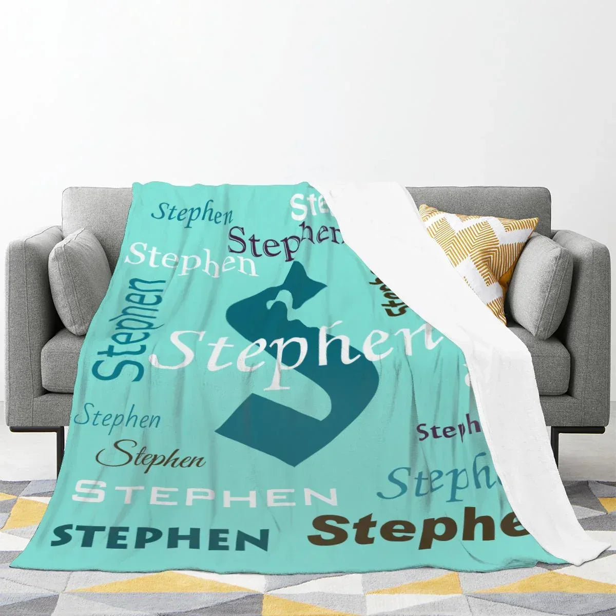 Your Letter & Name, Personalized Name Blanket, Soft Flannel Fleece Throw, Mint Green Navy