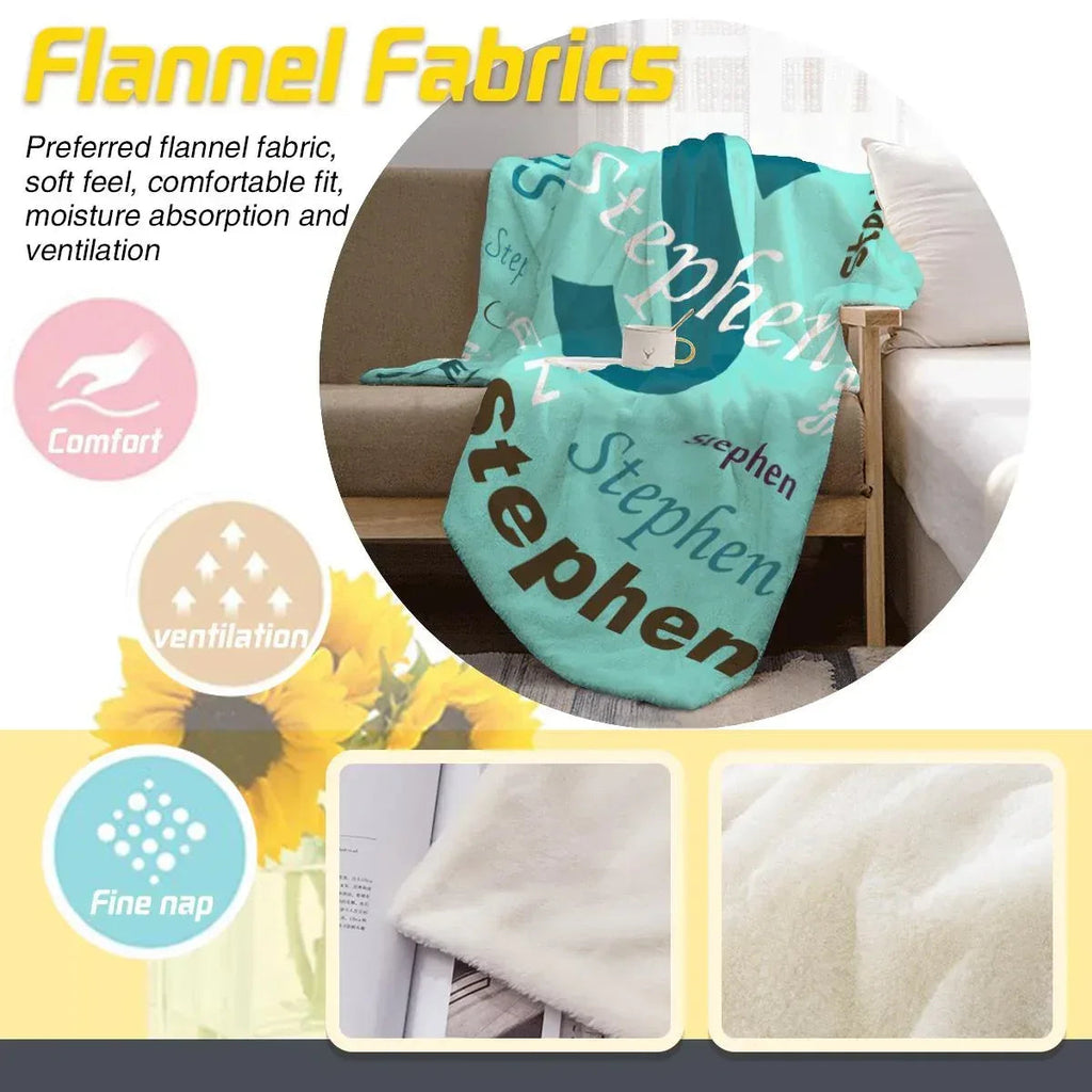 Your Letter & Name, Personalized Name Blanket, Soft Flannel Fleece Throw, Mint Green Navy