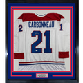 Framed Autographed/Signed Guy Carbonneau 35x39 Montreal White Hockey Jersey JSA COA