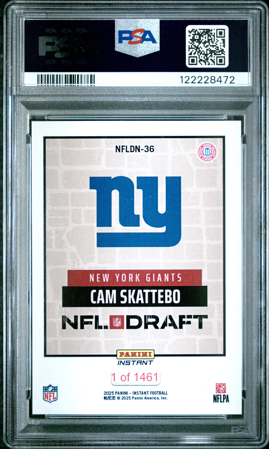 Graded 2025 Panini Instant Cam Skattebo #NFLDN36 NFL Draft Night Rookie RC Football Card PSA 8 Near Mint