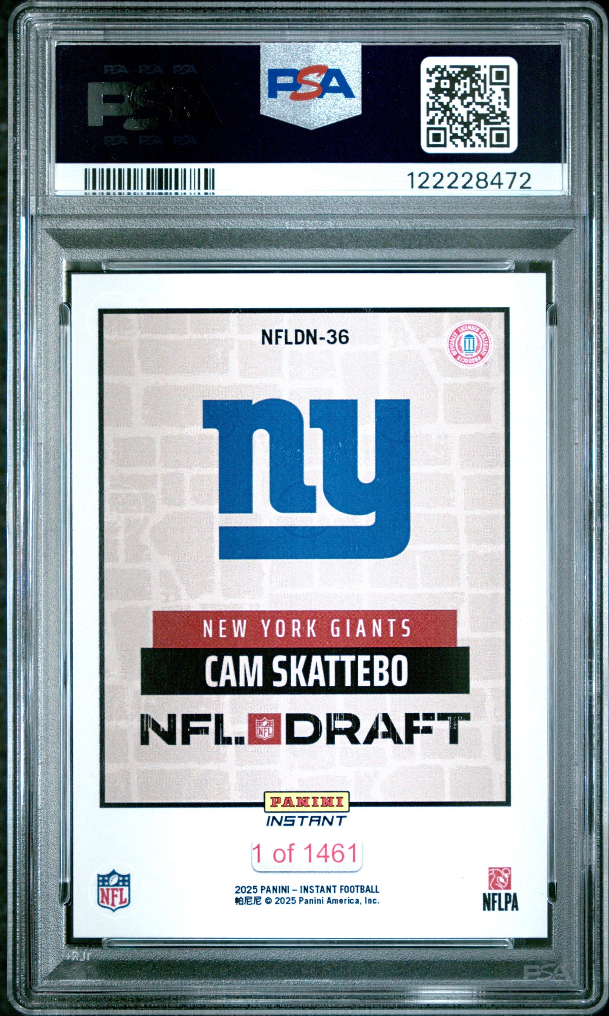 Graded 2025 Panini Instant Cam Skattebo #NFLDN36 NFL Draft Night Rookie RC Football Card PSA 8 Near Mint