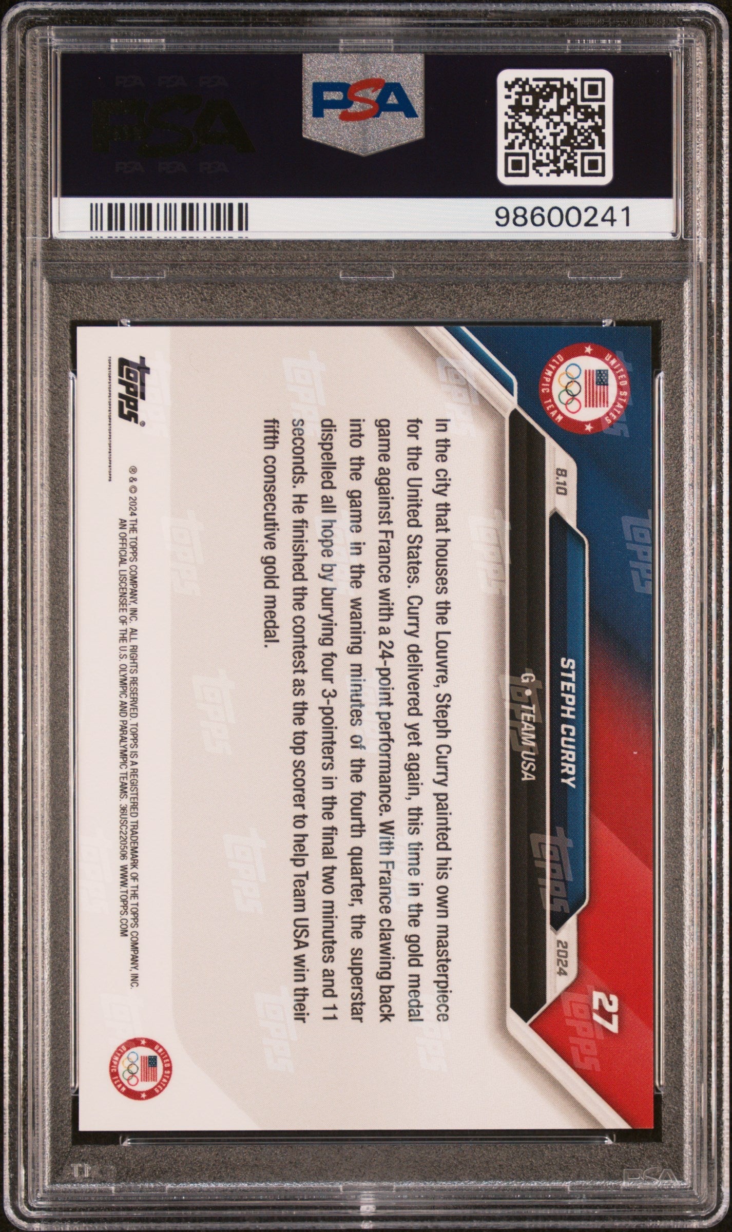 Graded 2024 Topps Now Olympics Steph Curry #27 Basketball Card PSA 10 Gem Mint
