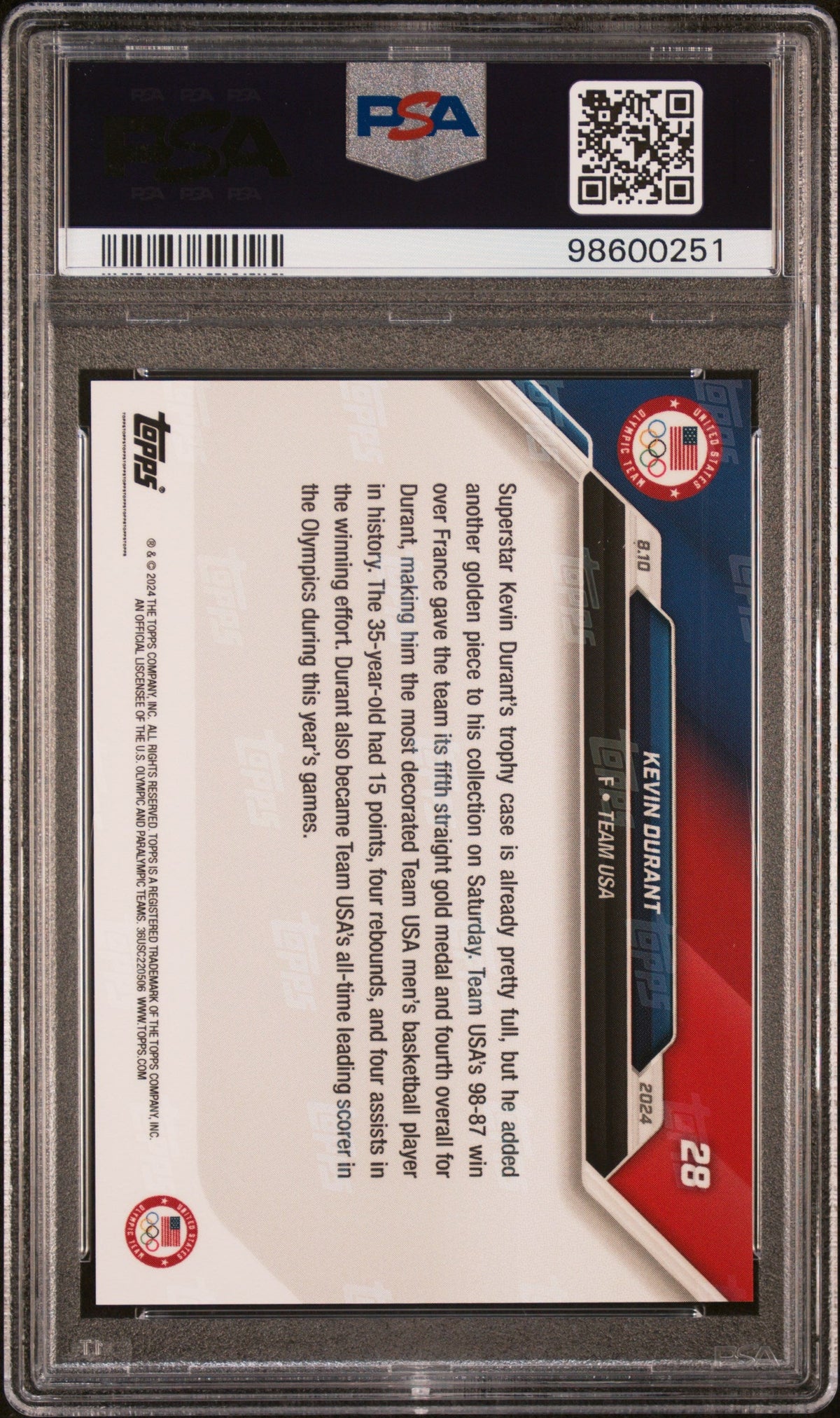Graded 2024 Topps Now Olympics Kevin Durant #28 Basketball Card PSA 10 Gem Mint