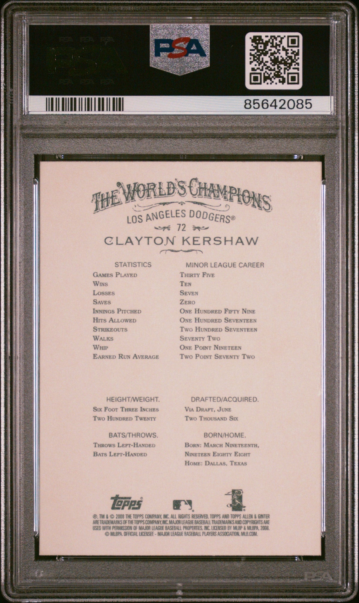 Graded 2008 Topps Allen & Ginter Clayton Kershaw #72 Rookie RC Baseball Card PSA 10 Gem Mint