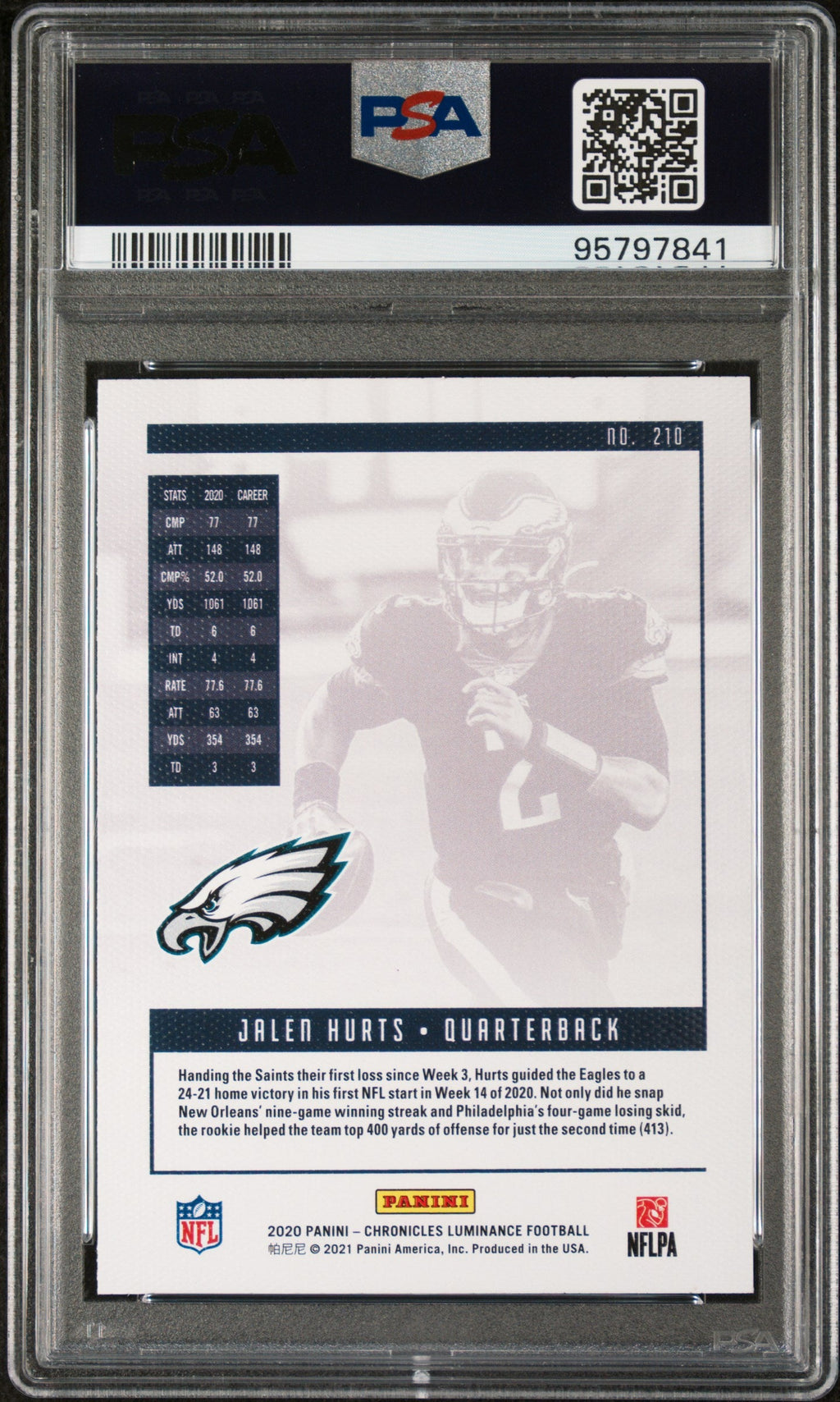 Graded 2020 Panini Chronicles Jalen Hurts #210 Pink Luminance Rookie RC Football Card PSA 10 Gem Mint