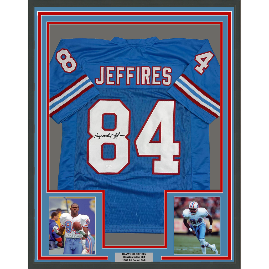 Framed Autographed/Signed Haywood Jeffires 35x39 Tennessee Retro Light Blue Football Jersey JSA COA