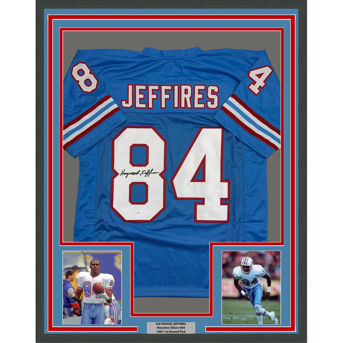 Framed Autographed/Signed Haywood Jeffires 35x39 Tennessee Retro Light Blue Football Jersey JSA COA